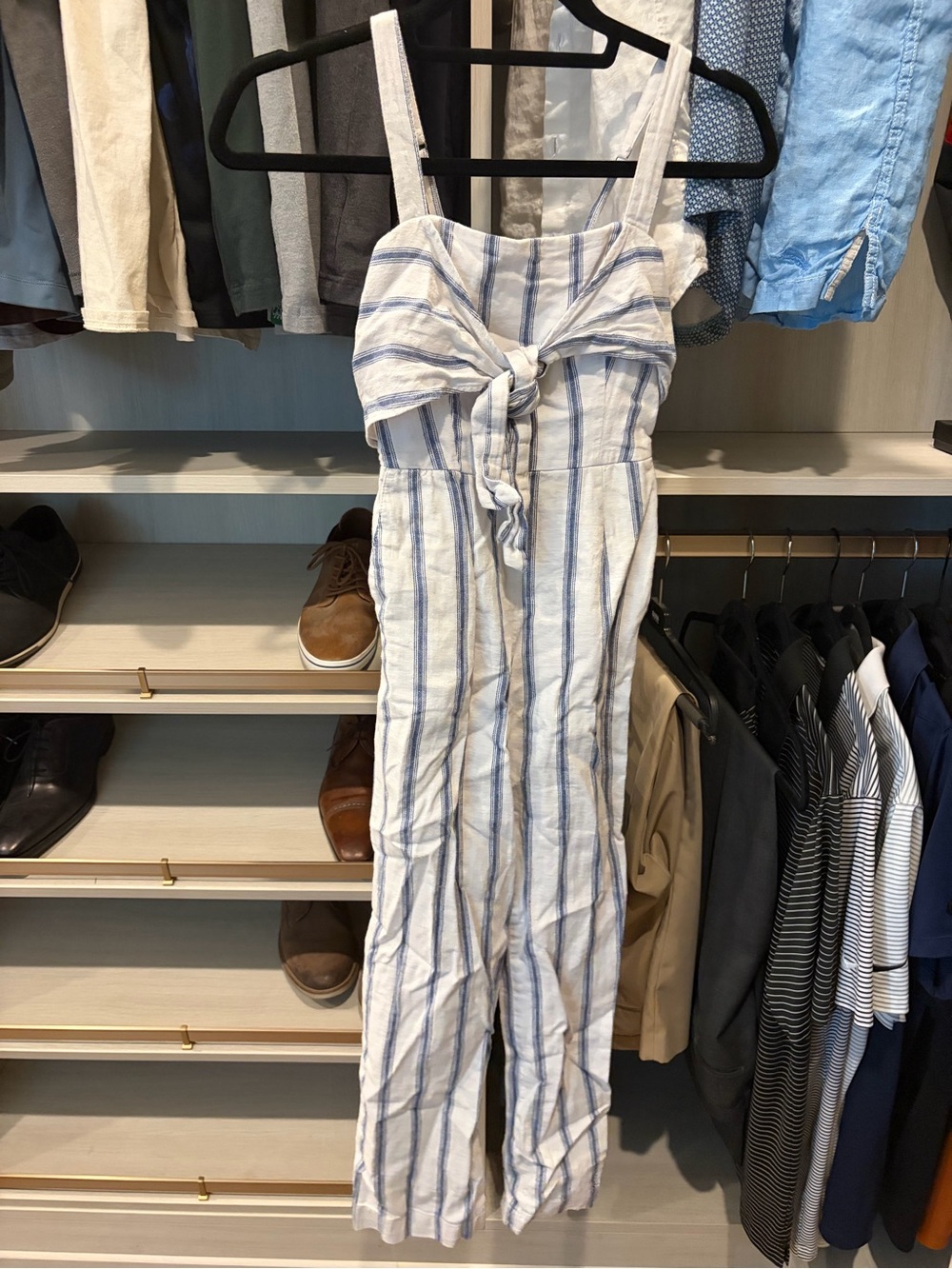 Abercrombie & Fitch Striped Tie-Front Linen Jumpsuit Petite- Blue/White